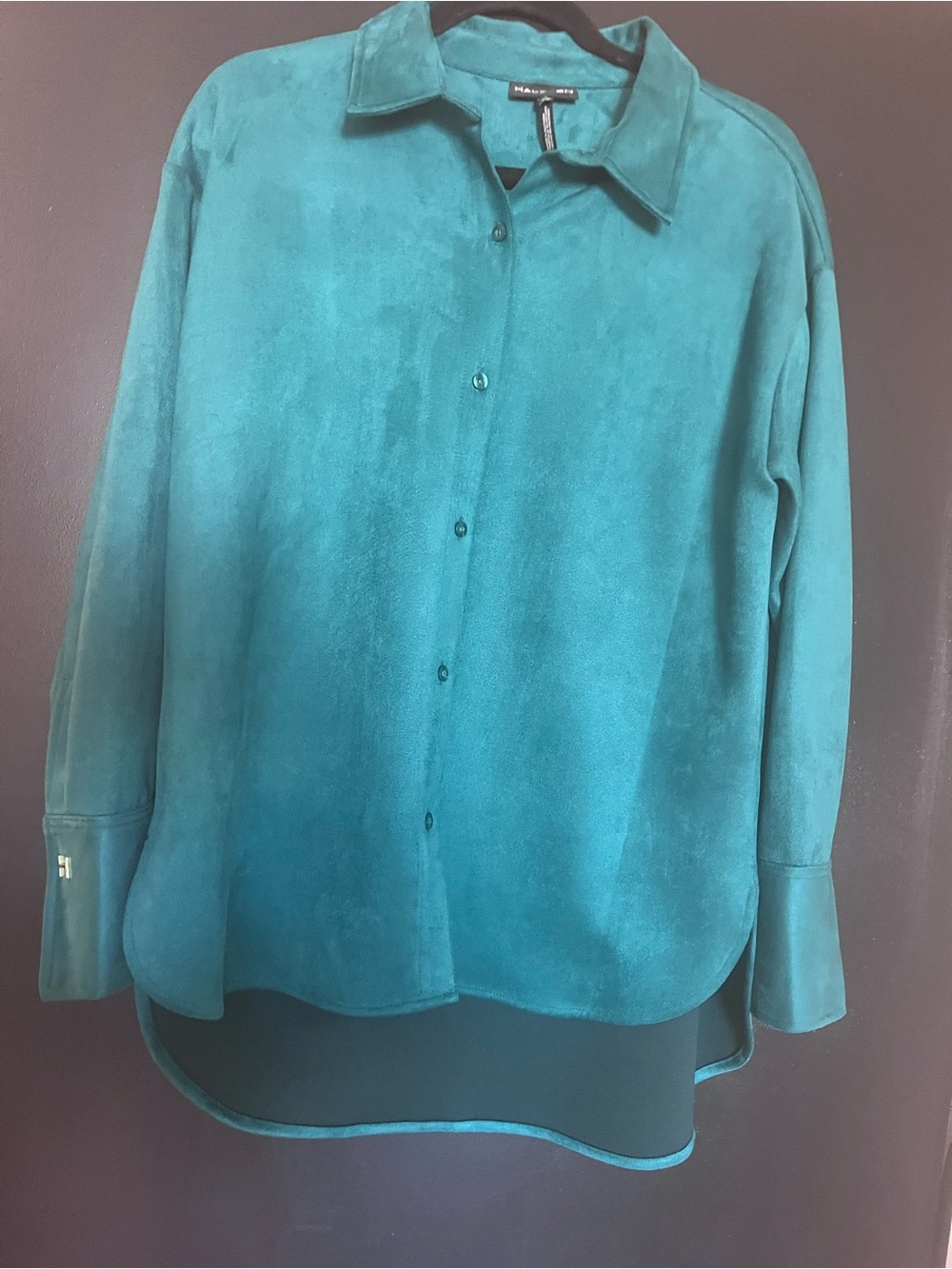 Halston Teal Suede Button-Front Women’s Shirt. Size medium but it’s oversized